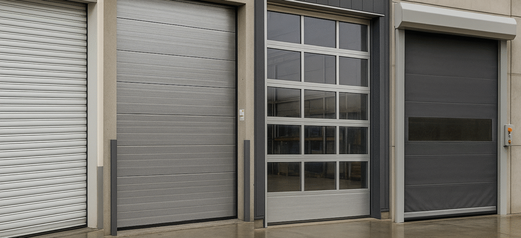 Four types of commercial garage doors including a roll-up steel door, insulated sectional door, glass aluminum door, and a heavy-duty high-speed door, all shown in an industrial setting.