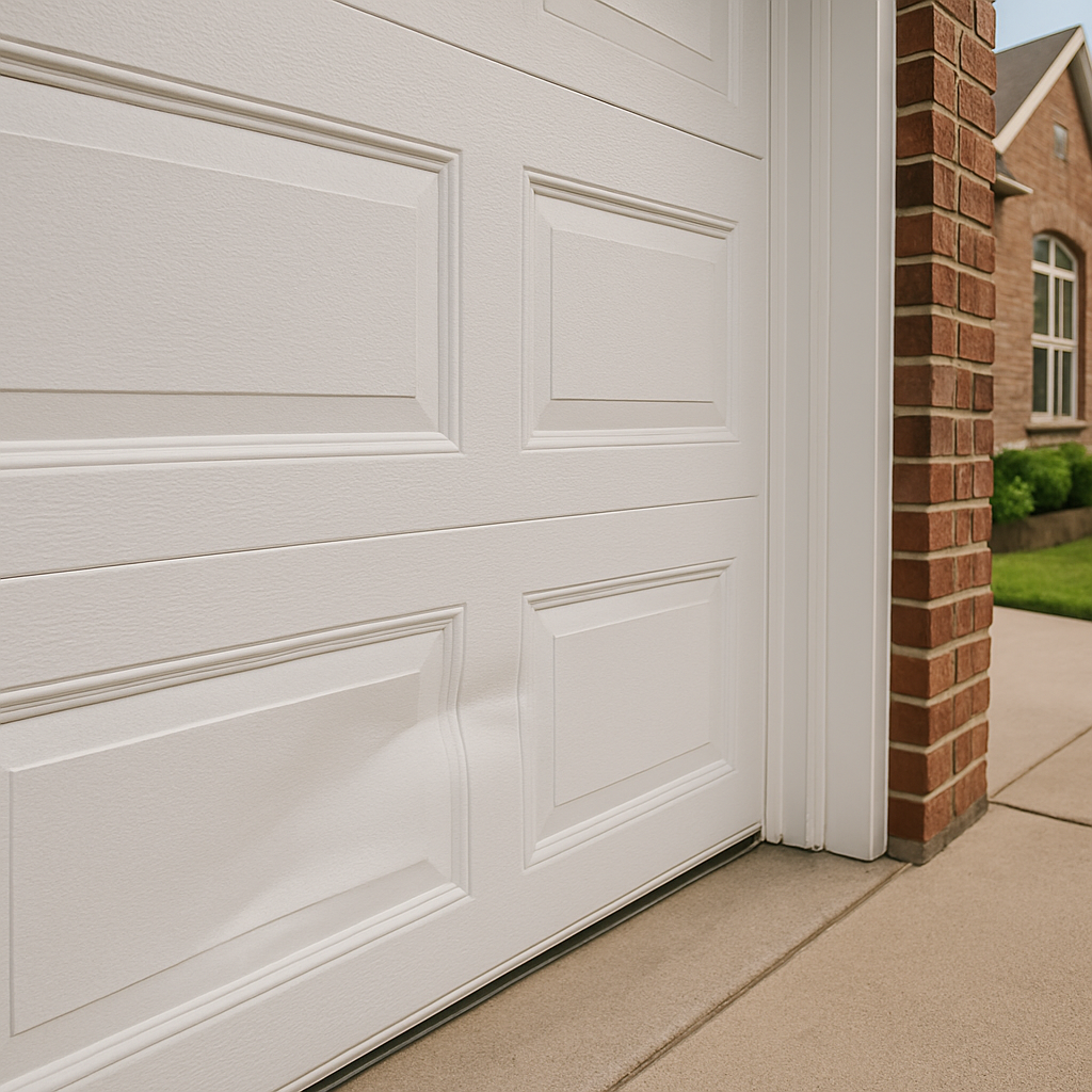 Dented lower panel on a white garage door at a brick home in Edmond OK
