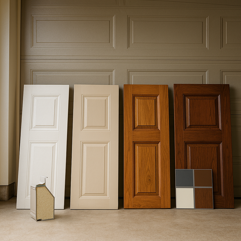 Variety of garage door panels and color samples displayed in a garage in Edmond OK